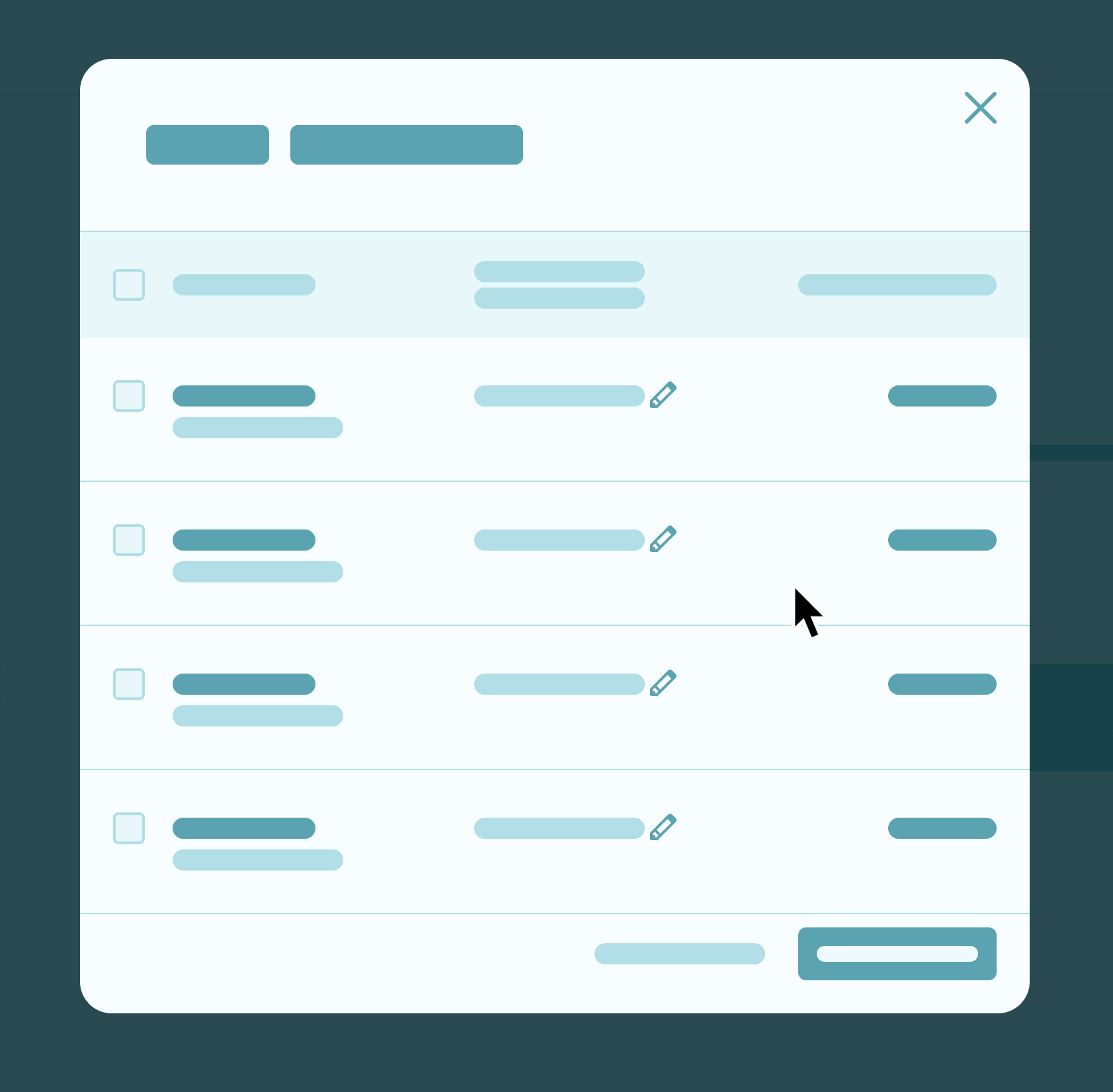 A user interface pop-up with a list of items, each with a checkbox, text fields, an edit icon, and a final field, all in shades of blue and white. A mouse cursor points to an item.